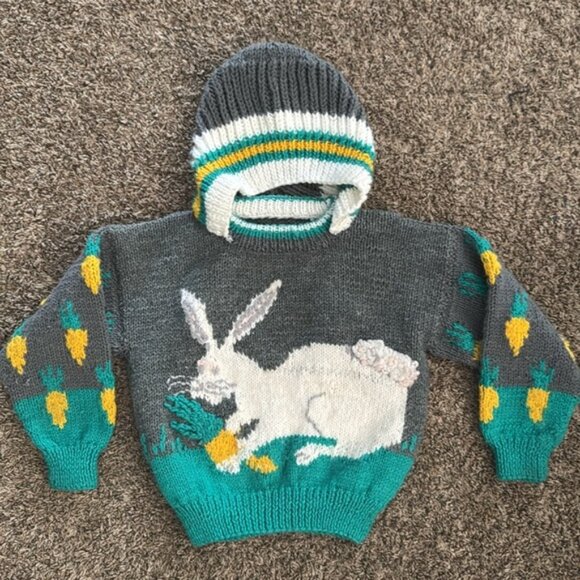 Handmade Bunny Easter Sweater With Hood Carrots - Picture 2 of 13